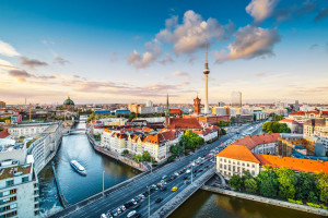 Berlin, Germany viewed from above the Spree River.