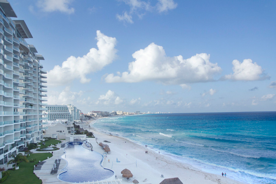 The bay of hotels stretching along the coast in Cancun, Mexico