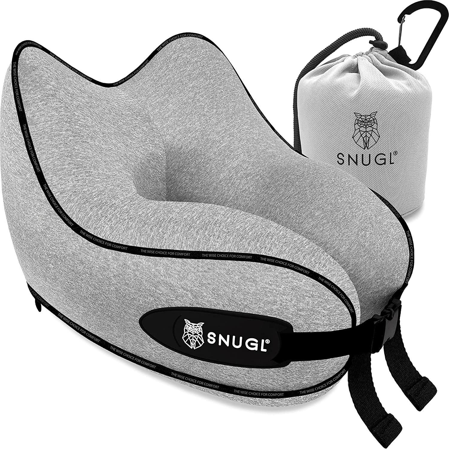 Train or Car Black/Grey - Adult Small SNUGL Travel Pillow Premium Ergonomic Design Memory Foam Cushion Head Carry Bag with Carabiner Clip Included Neck & Chin Support for Airplane 