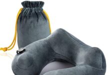 Purefly Travel Pillow Luxuriously Soft Inflatable Neck Pillow Support Travel Pillow Luxuriously Soft Inflatable Neck Pillow Support-Compact & Lightweight for Sleeping on Airplane, Car, and Train Carrying Bag-Soft & Ergonomic One Size Design