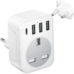 Plug for Morocco FSTravelP UK to European Plug Adapter, European Plug with USB Ports (3 USB & 1 USB C), Travel adapter UK to Europe Use in EU Germany Spain France Norway Morocco Italy Switzerland etc Type C Plug