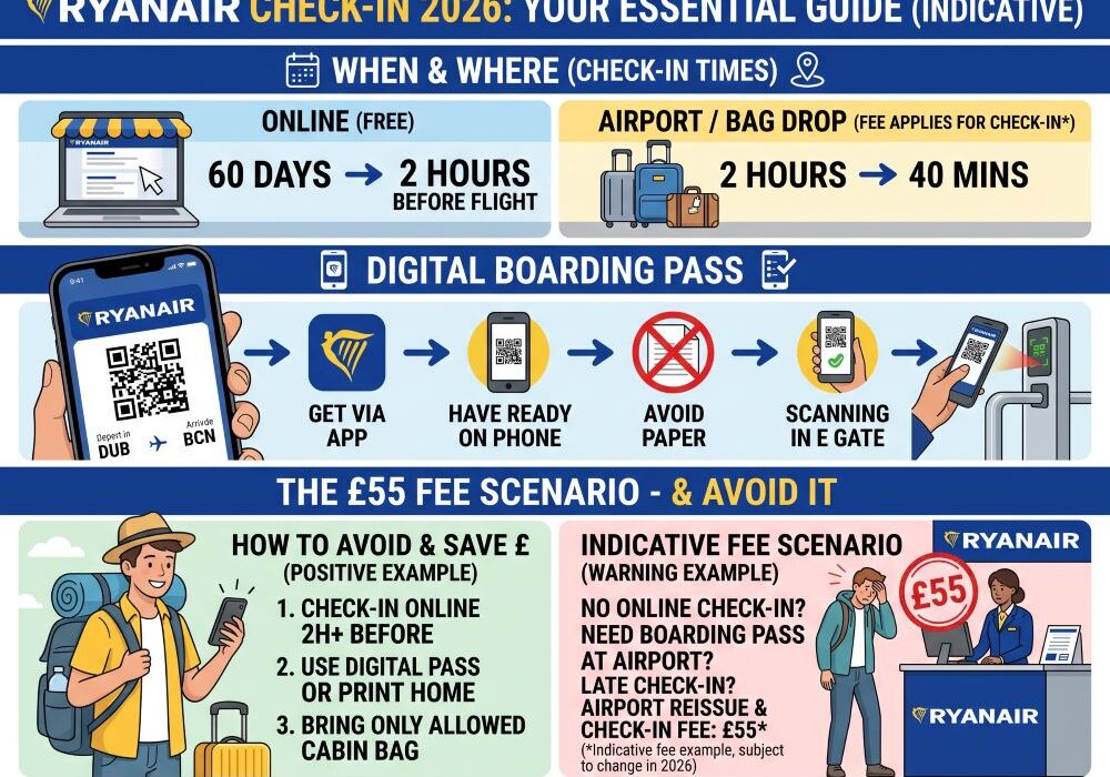 Ryanair Check-In 2026: Times, Digital Boarding Pass and the £55 Fee