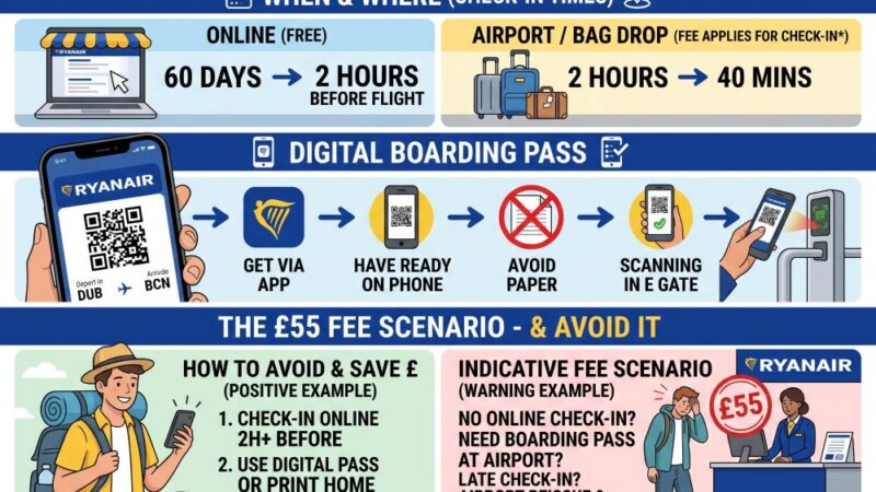 Ryanair Check-In 2026: Times, Digital Boarding Pass and the £55 Fee
